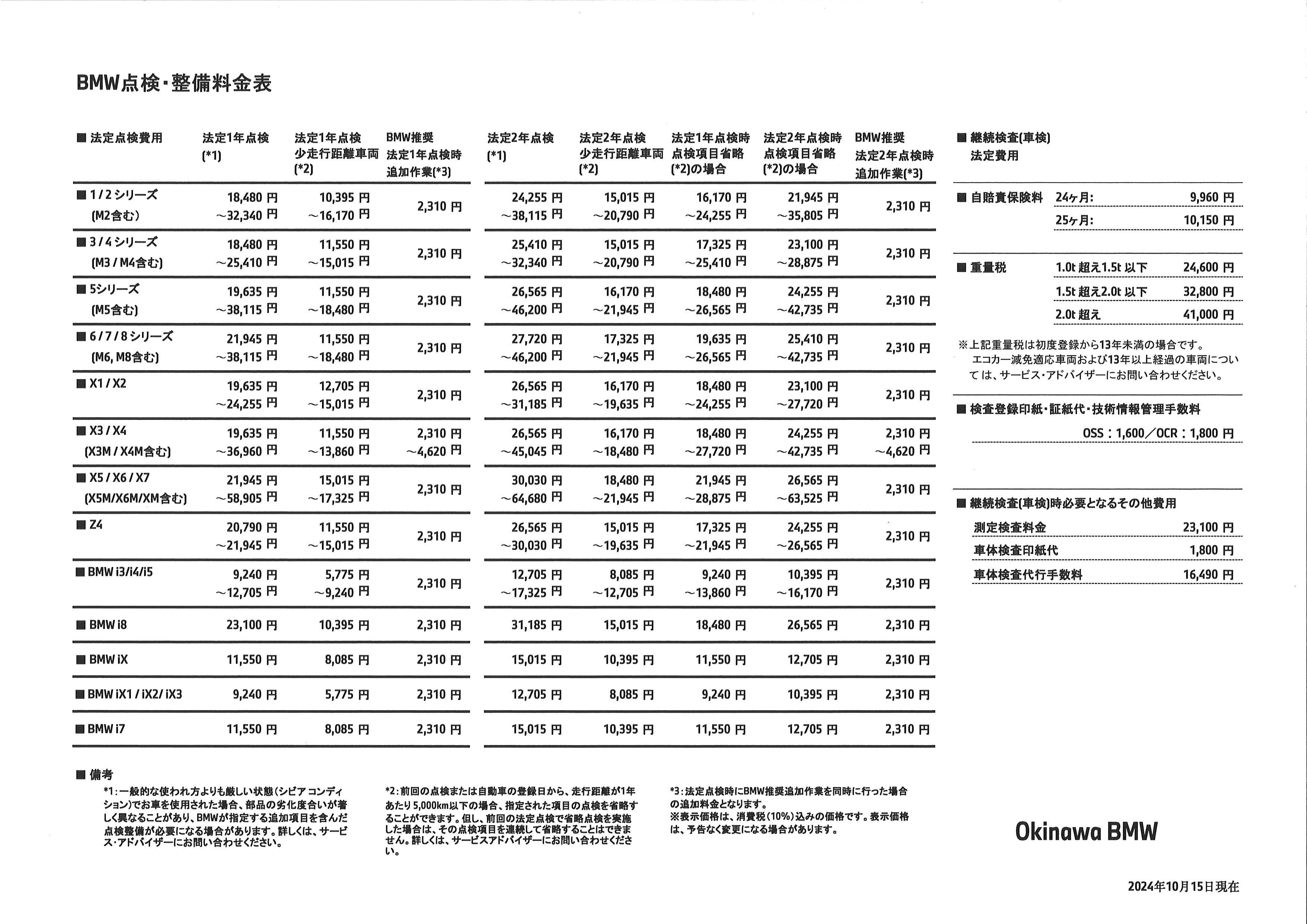 点検整備料金表