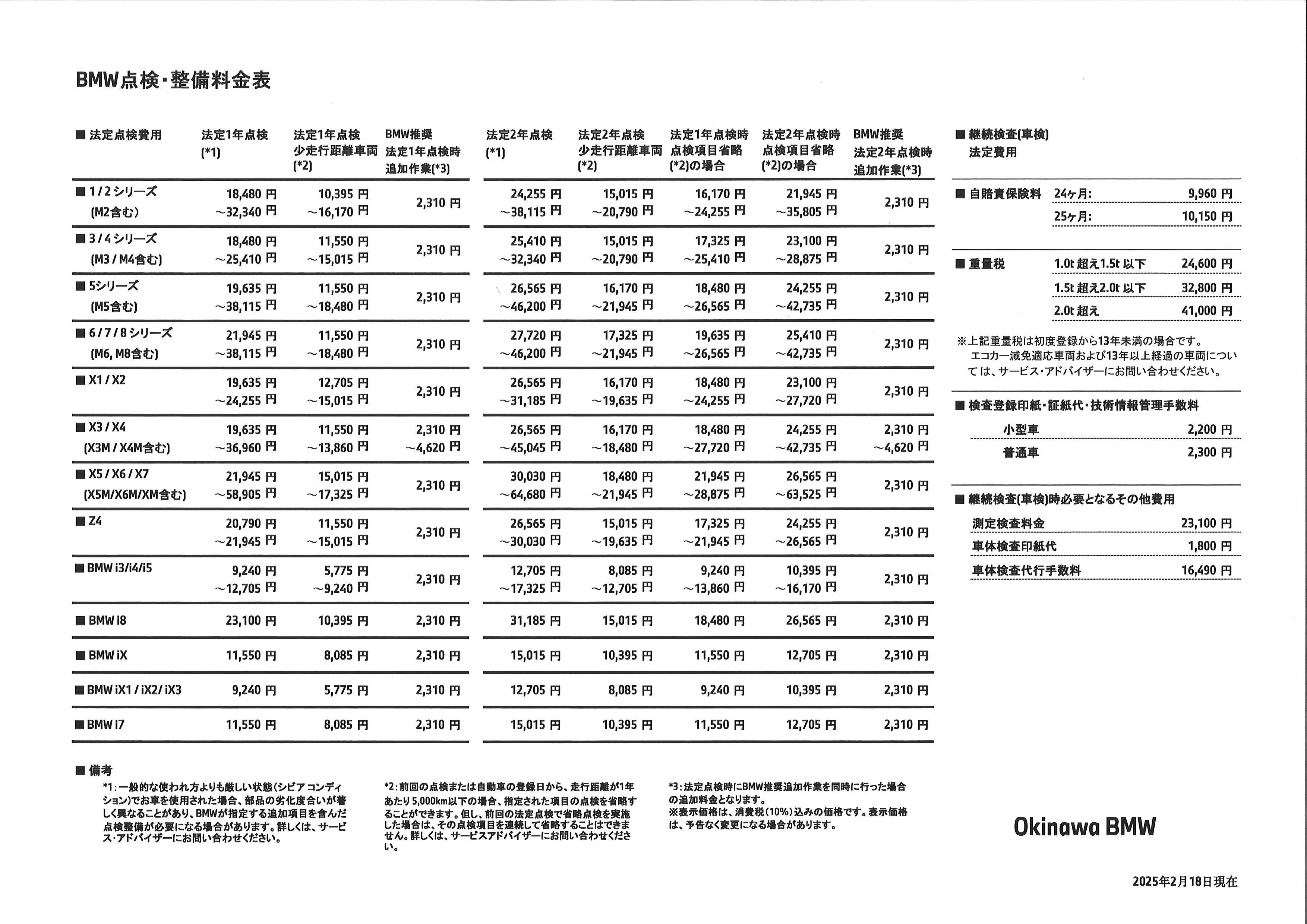 点検整備料金表