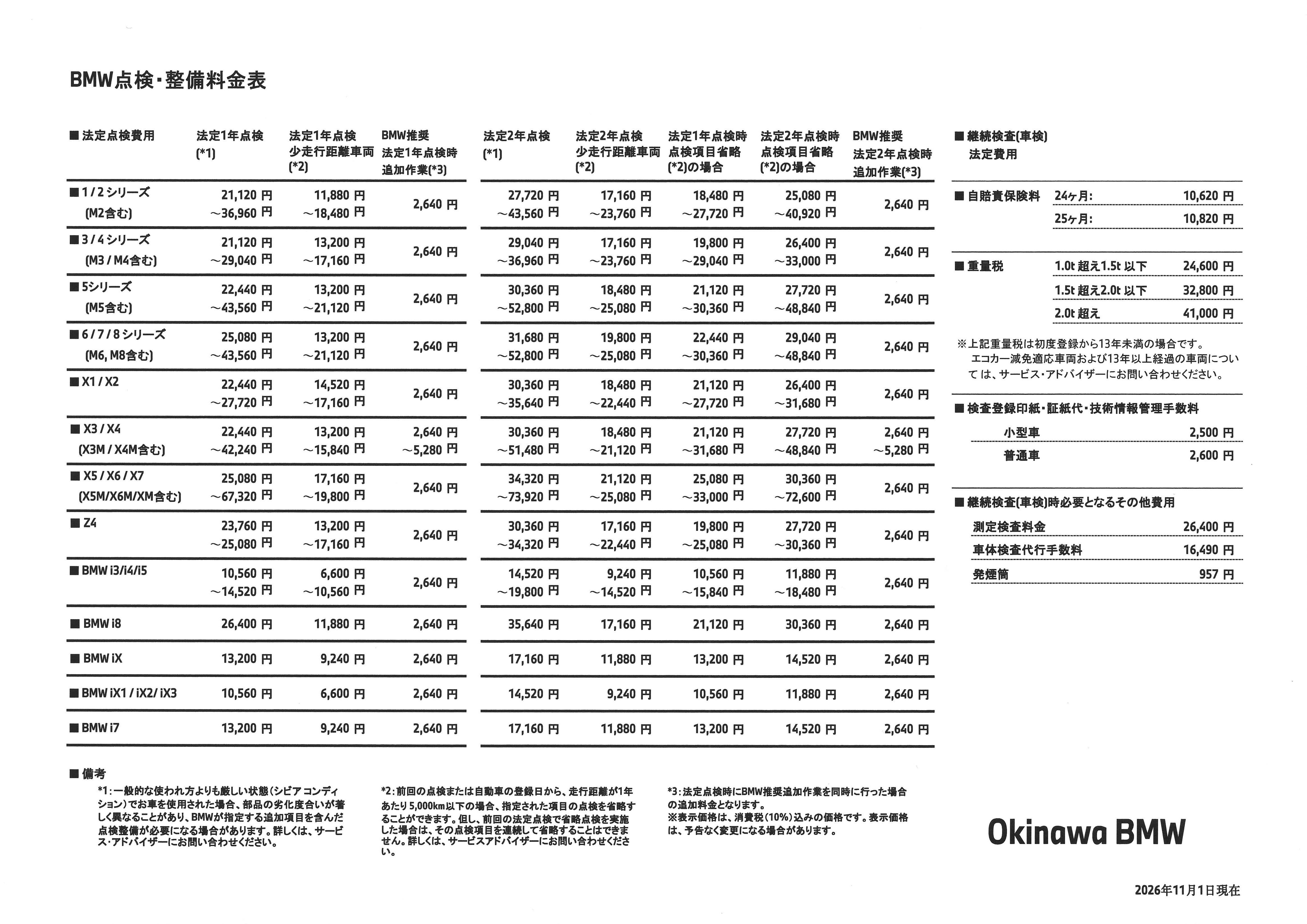 点検整備料金表