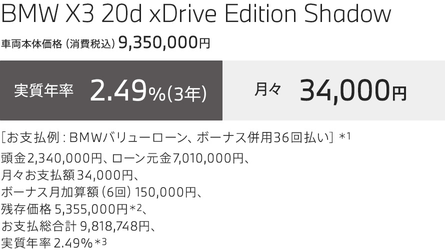 BMW X3 20d xDrive Edition Shadow お支払例
